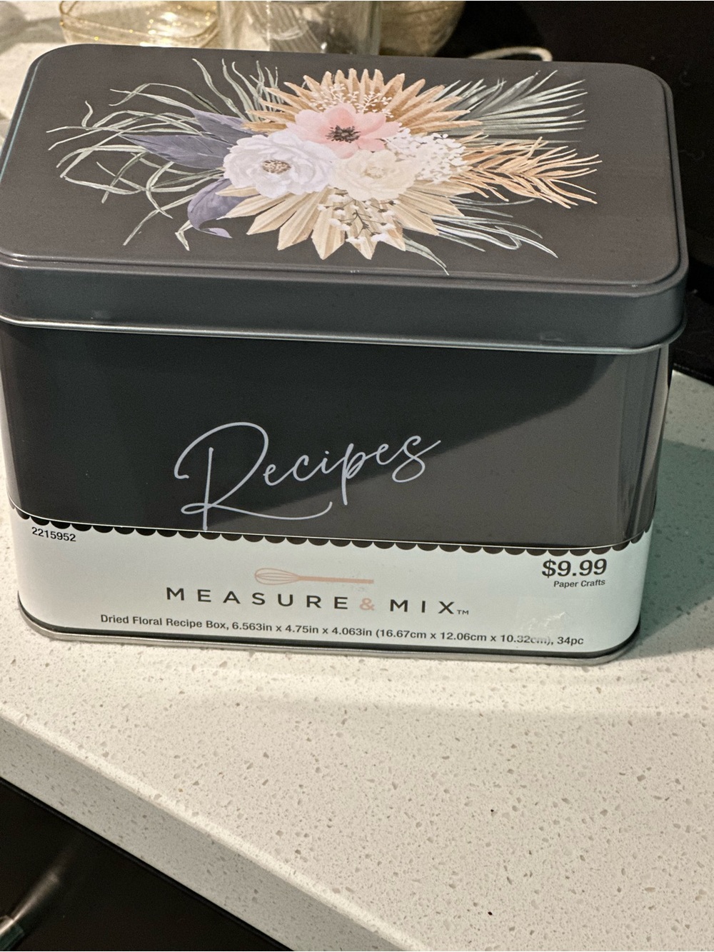 Dried Floral Recipe Tin - Gray with Pink Floral Accent